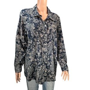 J.Jill Navy Floral Button-Front Cotton Shirt – Size XL